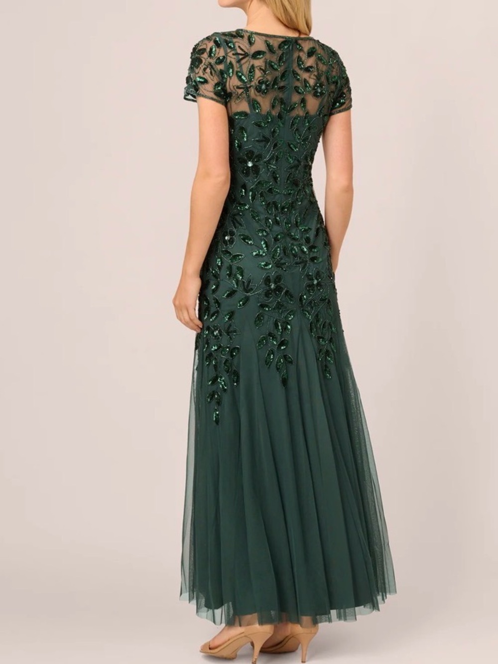 Adrianna Papell Emerald Green Short Sleeve Floral Godet Gown NWOT - Picture 2 of 7
